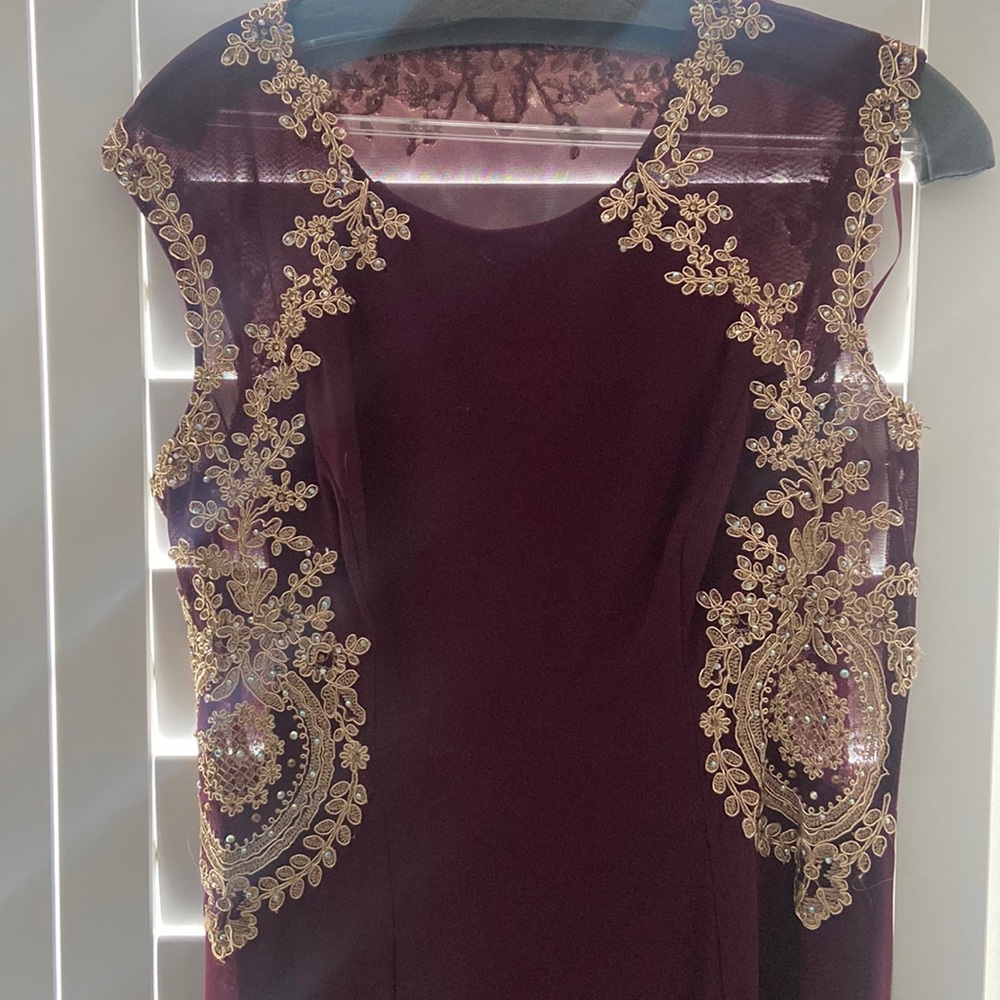 Maroon and gold gown